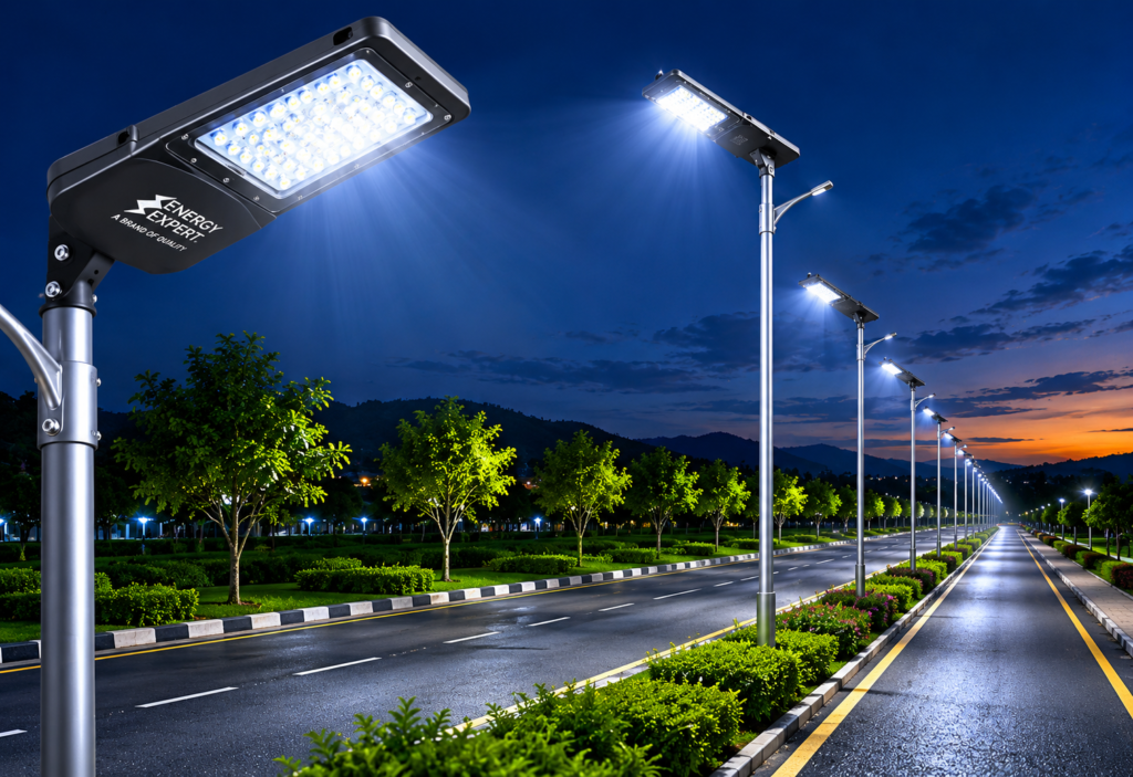 Energy Expert solar LED street light installed on roadside at night with bright illumination and modern highway background.