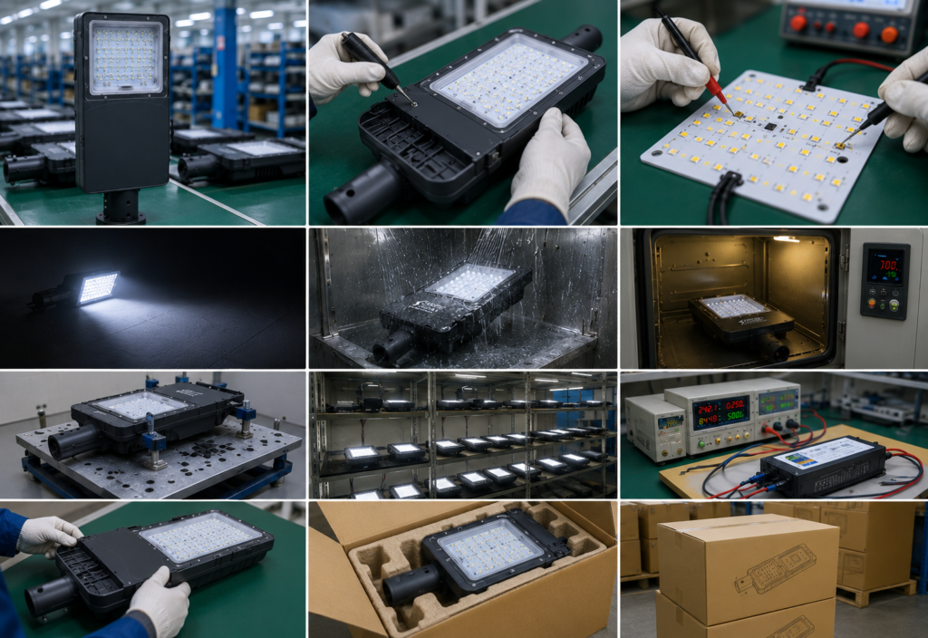 Solar LED street light manufacturing and quality testing process in modern industrial facility.