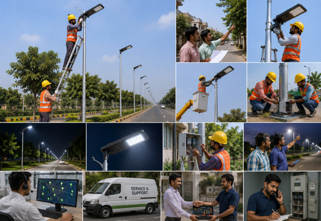 Indian technicians installing and maintaining solar LED street lights on roadside locations.
